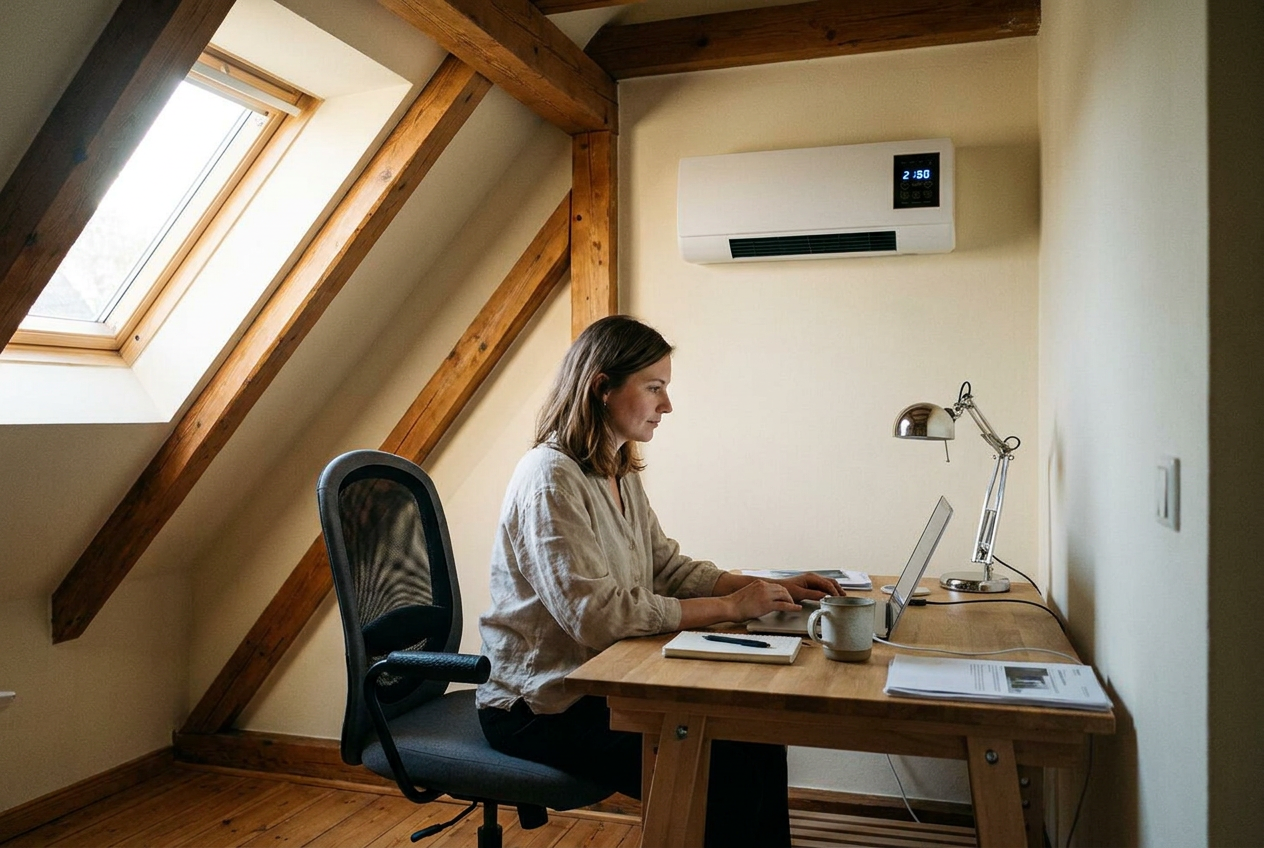 Coolizi in Emma’s attic home office — working at 24 °C while outside it’s 33 °C