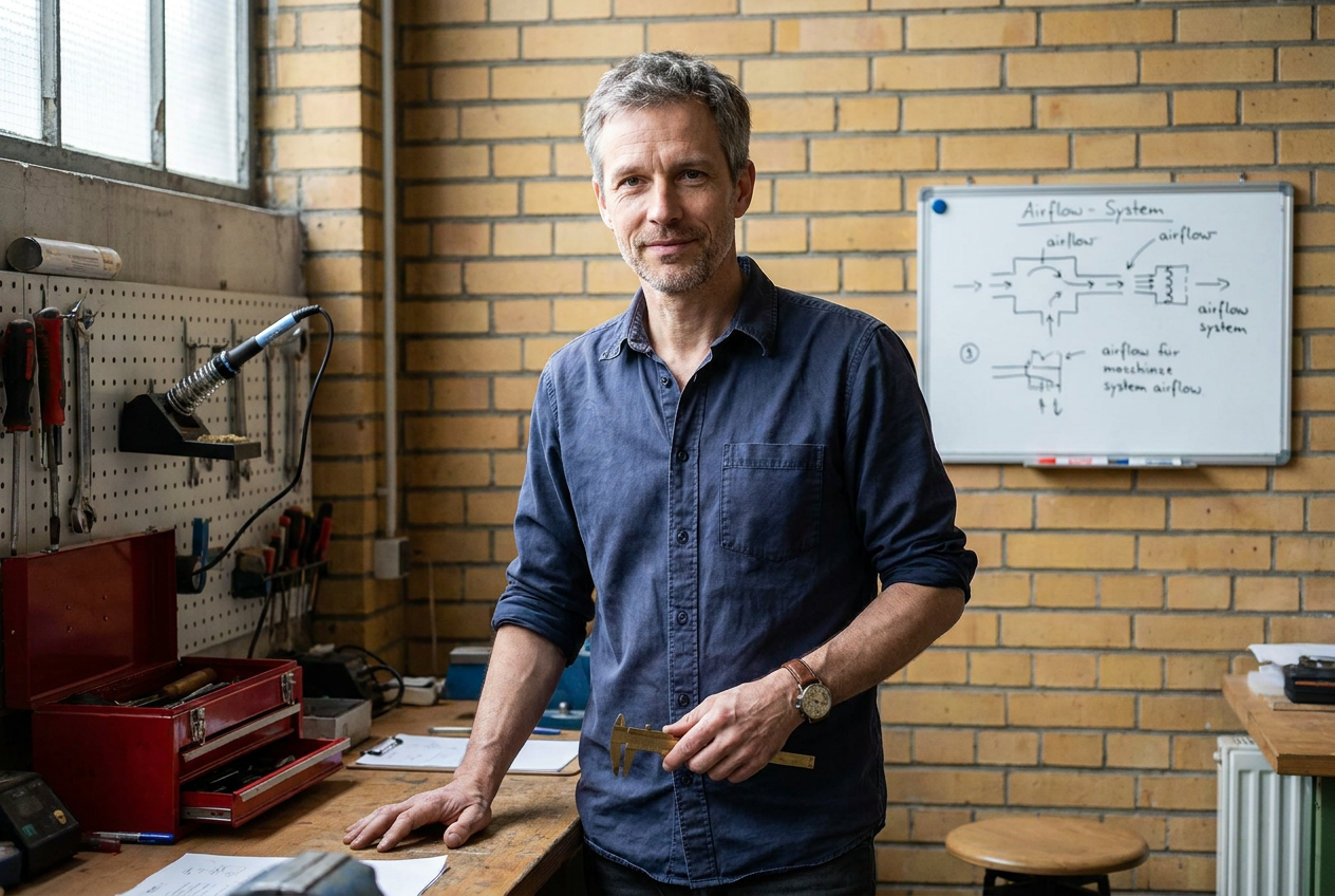 Mark Bennett, inventor of the Coolizi, in his Manchester workshop