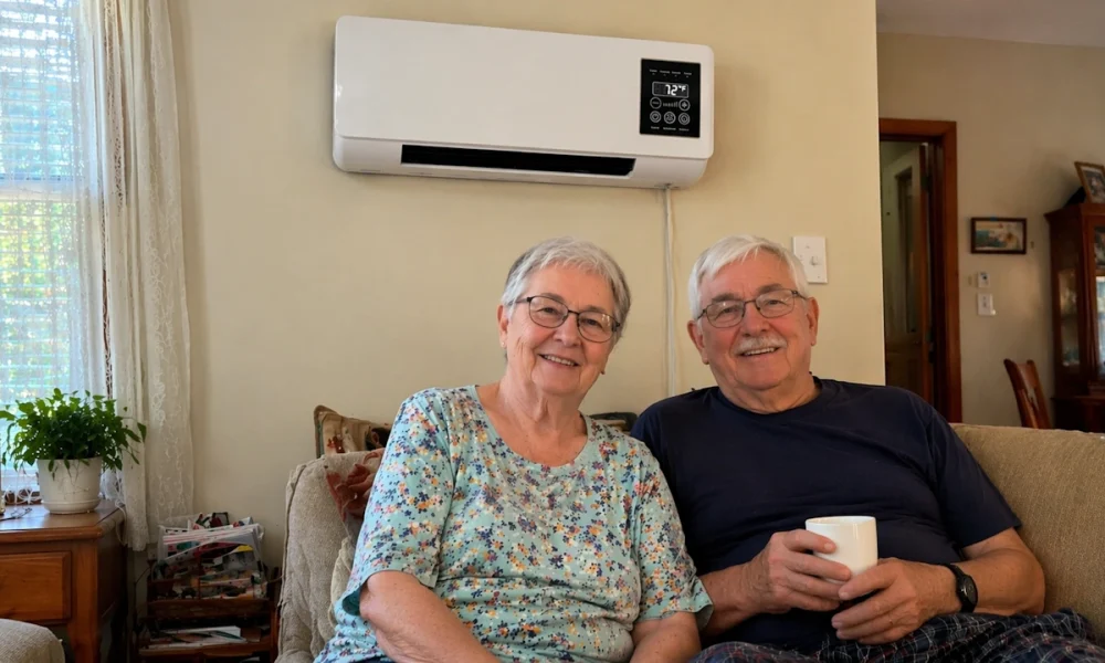 Senior couple in the living room with the Coolizi on the wall